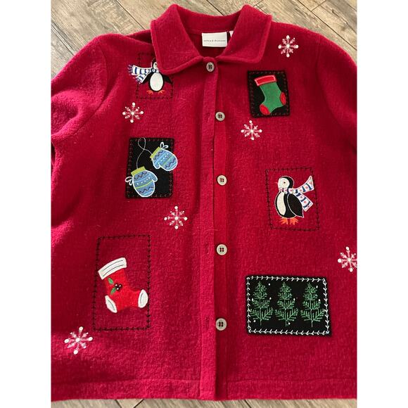 Alfred Dunner Women's Red Black Wool Ugly Christmas Cardigan Sweater Size Large - Picture 7 of 9